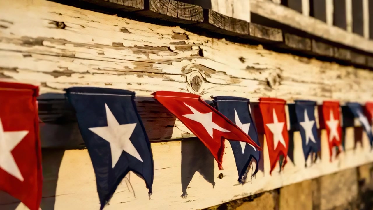 Fluttering red and blue star pennants in light breeze on weathered railing, showing frayed edges