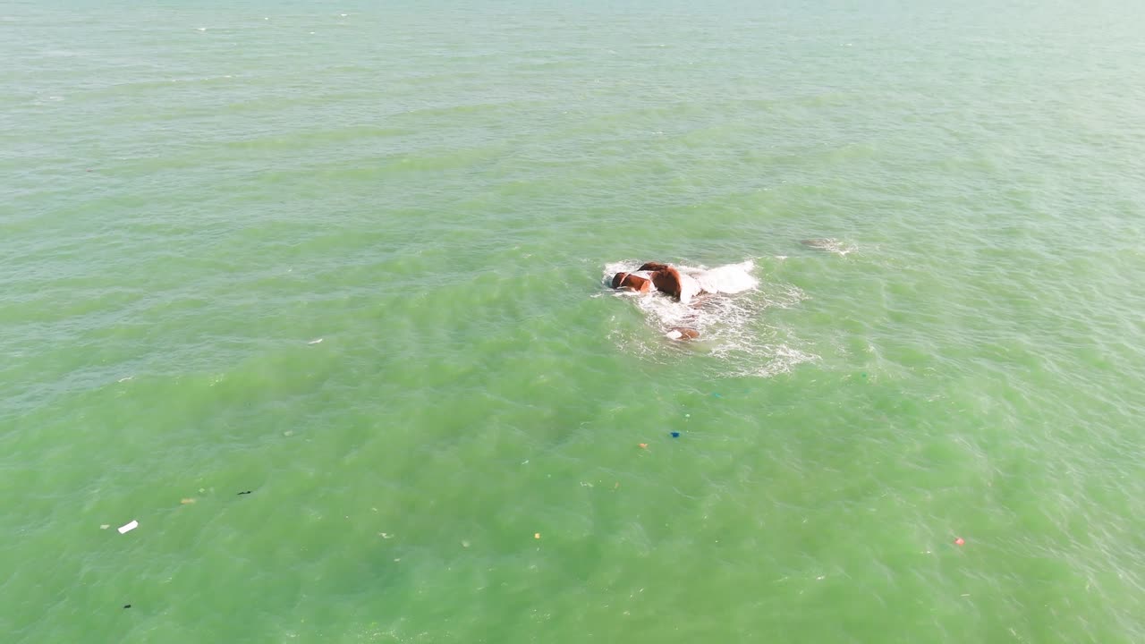 Aerial View Tilt of the Trash in the Sea near Vung Tau.