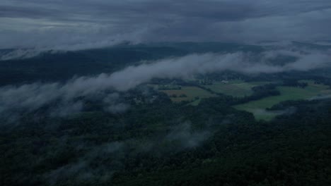 Aerial-drone-video-footage-of-low-clouds-over-the-Appalachian-mountains-during-a-summer-evening