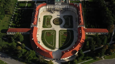 Cinematic-downward-angle-drone-footage-of-the-Palace-Esterházy-Kastléy-in-Hungary