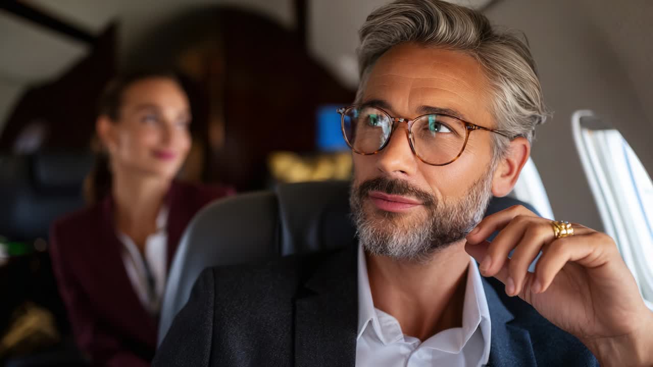 En eftertænksom mand i luksusfly med en kvinde i baggrunden, der indfanger en intim, men professionel atmosfære inden for privat luftfart