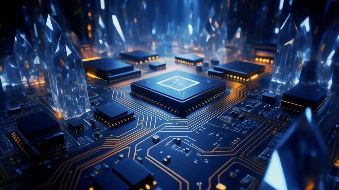 Futuristisk computerprintplade med glødende krystaller og databehandling