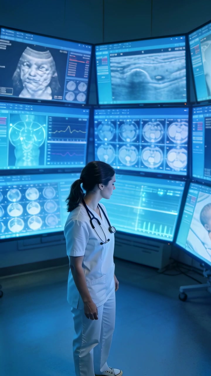 Video verticale: Medico con stetoscopio in camice bianco che esamina per controllare le scansioni rotanti del monitor in laboratorio.