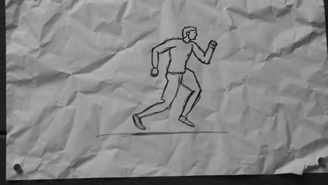 hand drawn animation sketch of a runner is captured mid stride on a textured, crumpled piece of paper, suggesting movement and athleticism in a simple, yet dynamic representation