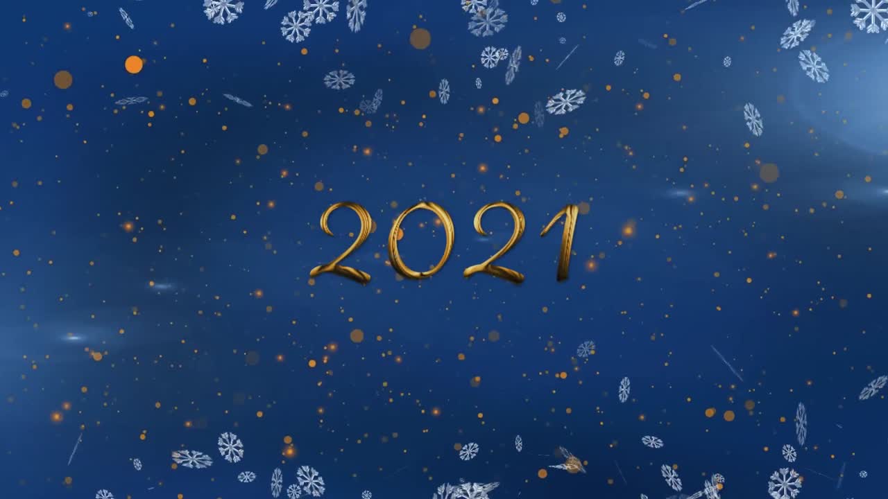 animación del texto de 2021 con manchas naranjas y nieve cayendo sobre fondo azul