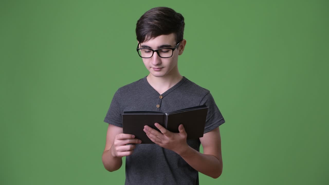 초록색 배경에 젊은 잘생긴 이란 십대 소년