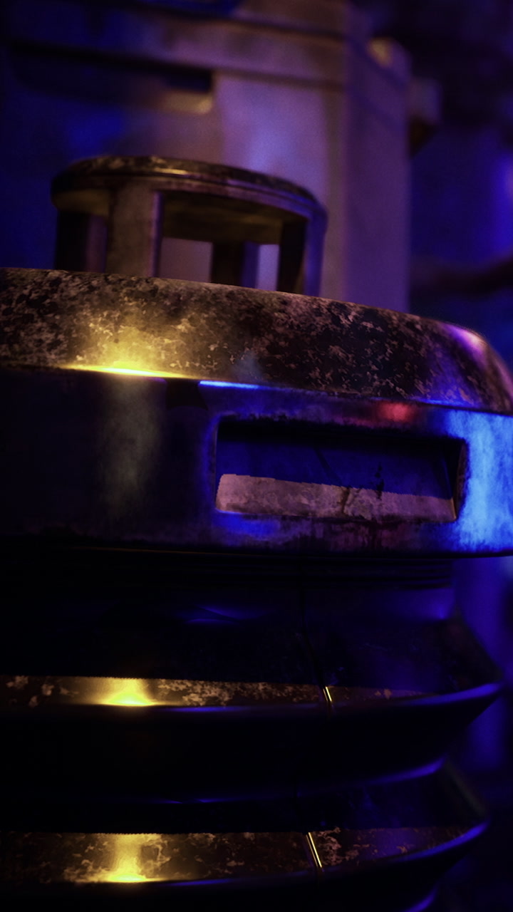 Close view of a metallic object under blue light in an indoor setting