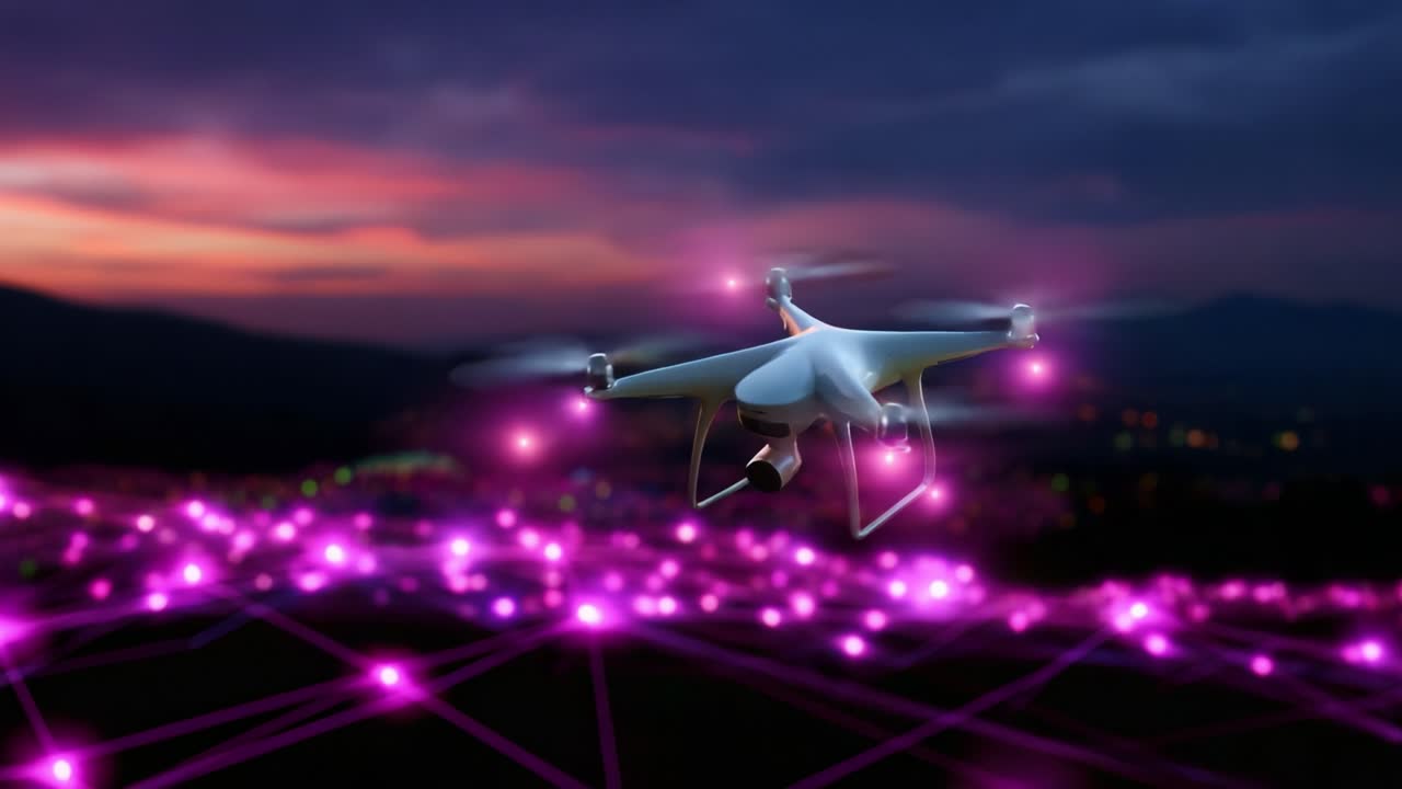 A mesmerizing aerial view of a high-tech drone gliding gracefully through a vibrant, illuminated landscape filled with intricate network patterns, showcasing the beauty of advanced technology against a stunning twilight backdrop