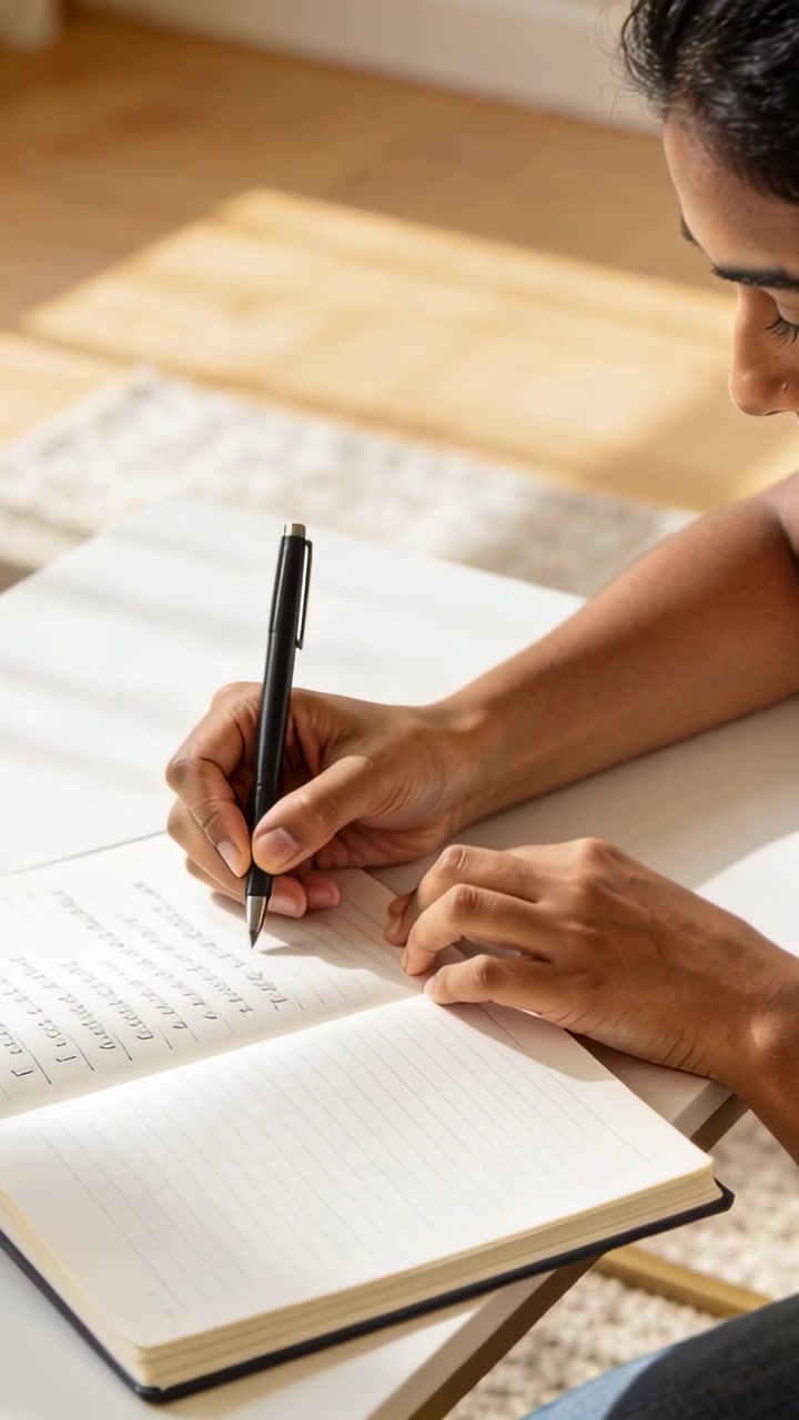Vertical video: Coming woman in short sleeves taking notes on open notebook at home desk, black pen