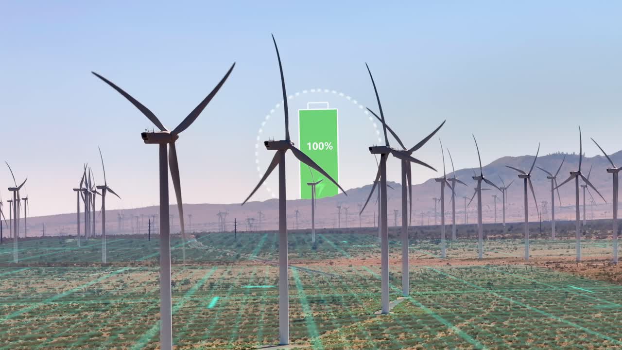 Wind turbine grid, generating energy, charging a battery- motion graphics render, aerial static