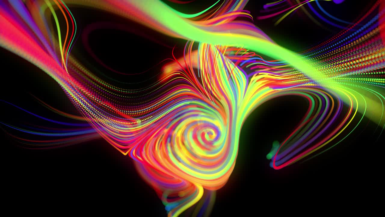 fondo en bucle abstracto con flujo de líneas multicolores de brillo o rayas de luz. las partículas de luces en funcionamiento se forman en el espacio 3d brillando hermosas líneas curvas con luz de neón. hermoso bg creativo en 4k.