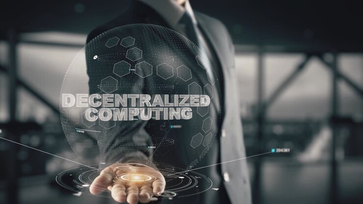 Decentralized Computing with hologram businessman concept