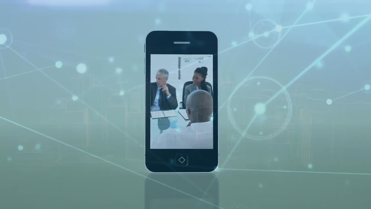 연결된 점들의 애니메이션, 다양한 사업가들이 손을 흔들고,  ⁇ 드폰으로 보고서를 논의합니다.