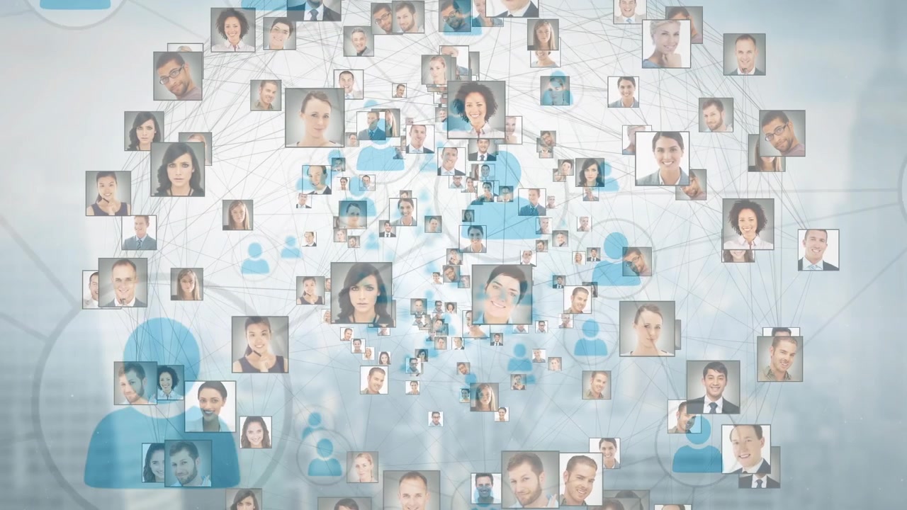 Animazione di una rete di connessioni con icone sopra icone di persone.