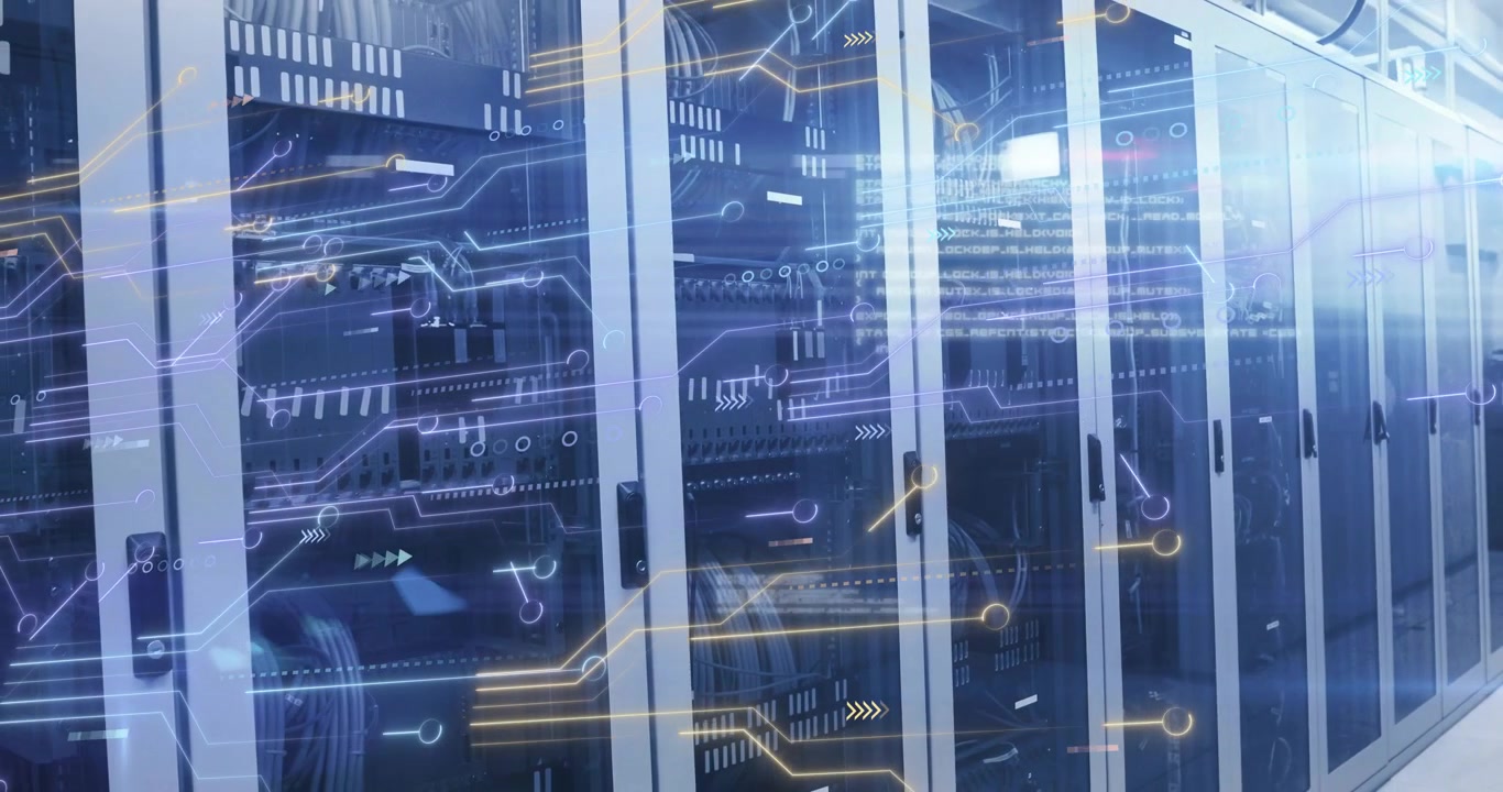 Digital overlay fading on server racks starting data flow while camera panning showing data traffic