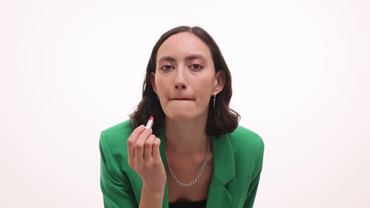 mujer aplicar lápiz labial rojo