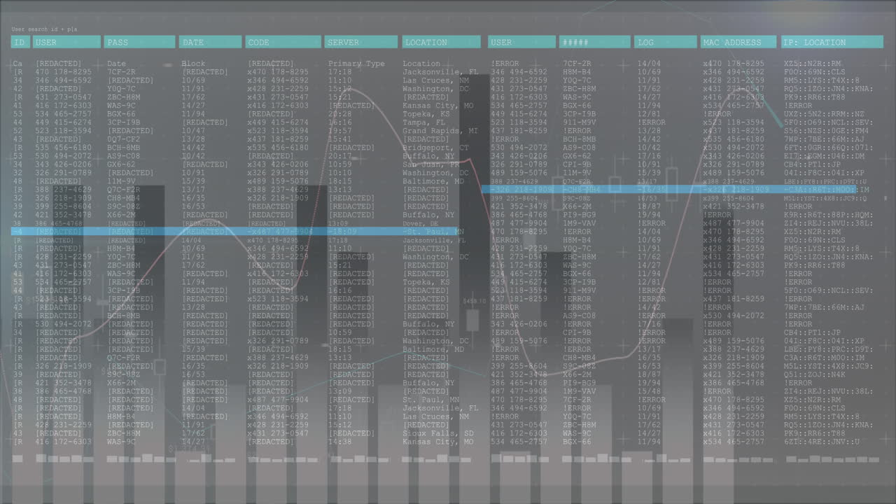 Animation of data processing on screen with statistics recording on grey background