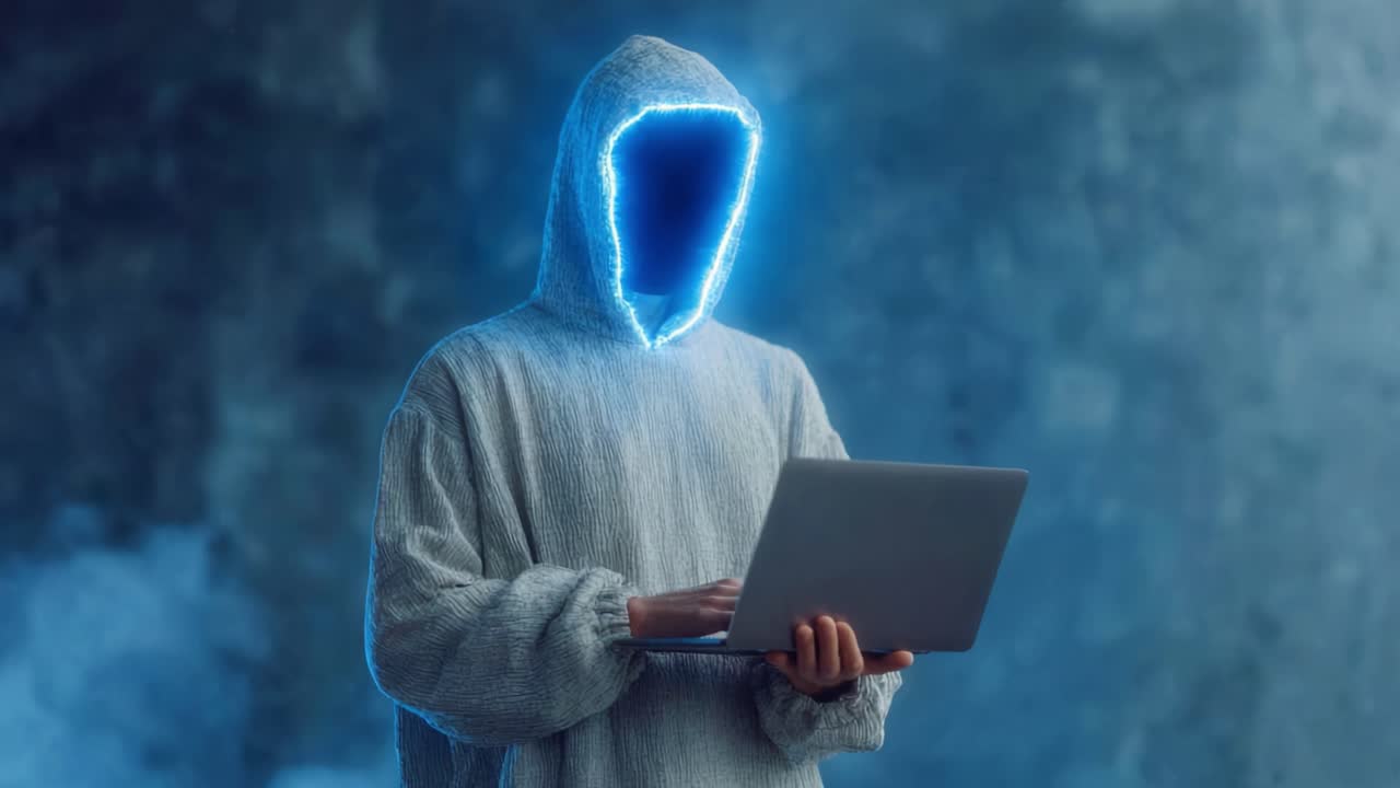 A Mysterious Figure with a Glowing Face Interacts with a Laptop, Exploring the Intersection of Technology and Identity in a Digital World