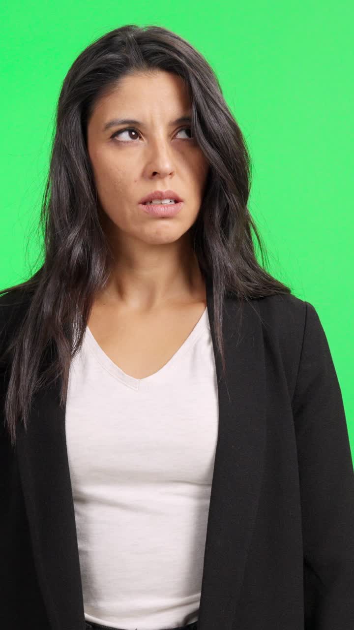 Thoughtful Woman Looking Up on Green Screen