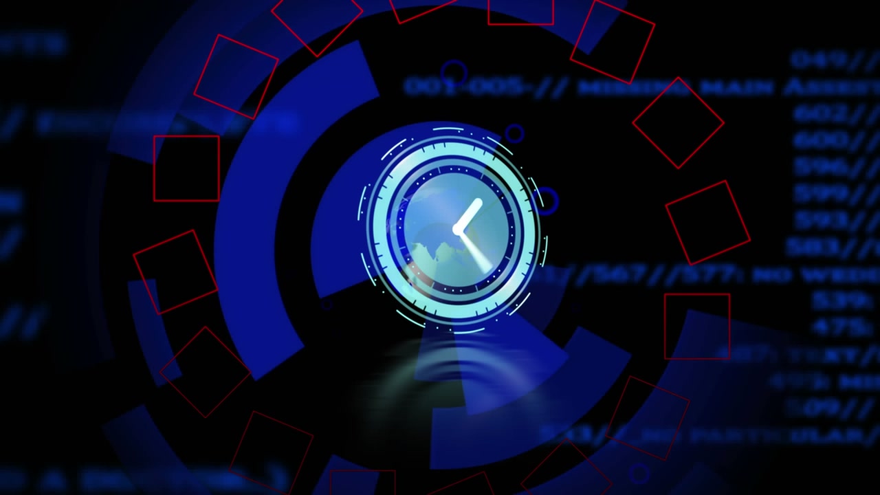 Animation of moving clock over globe and shapes on black background