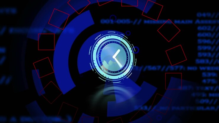 Animation of moving clock over globe and shapes on black background