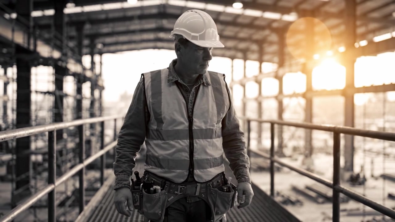 A Construction Worker in High Visibility Gear Observes the Worksite During Sunset, Highlighting Diligence and Safety in the Construction Industry Environment