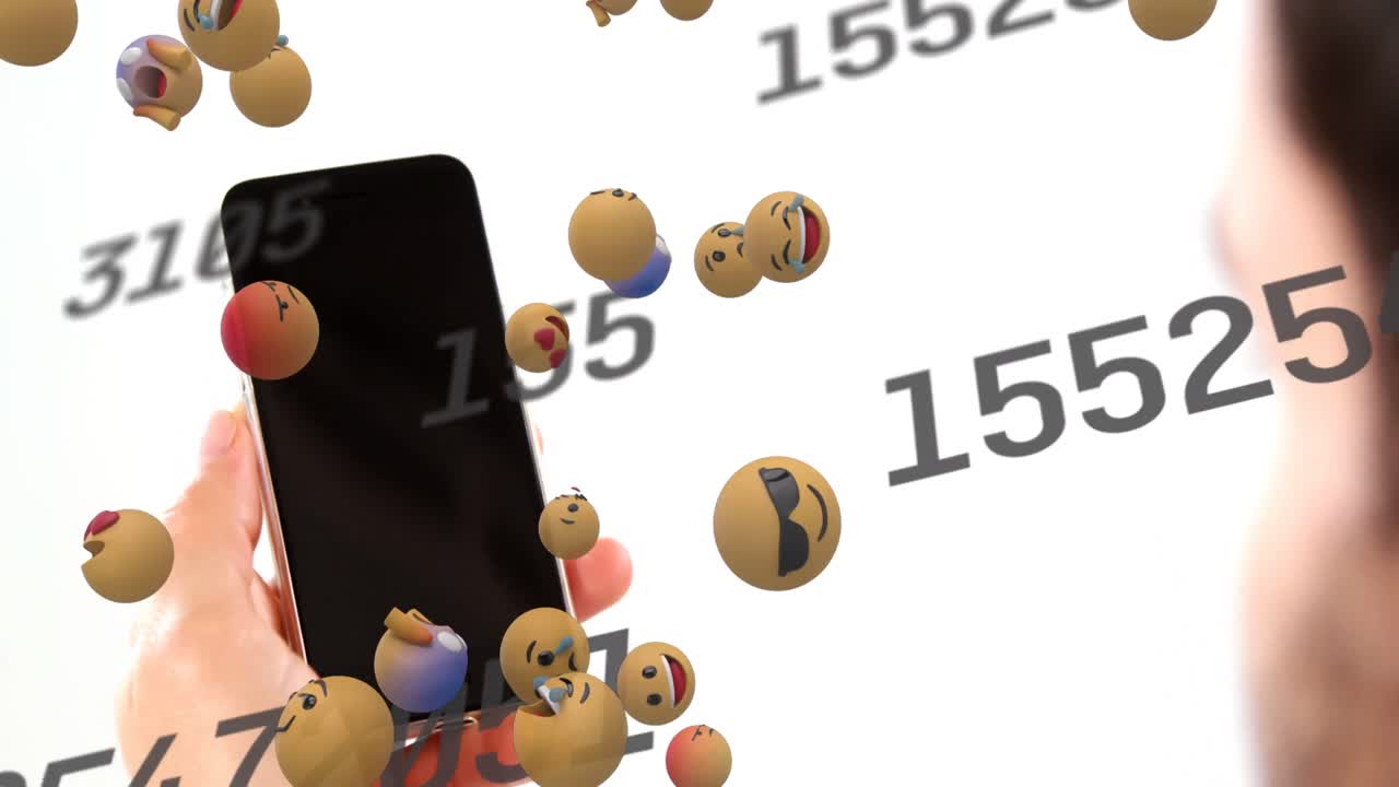 스마트폰을 사용하는 여성에게 떨어지는 소셜 미디어 아이콘과 숫자의 애니메이션