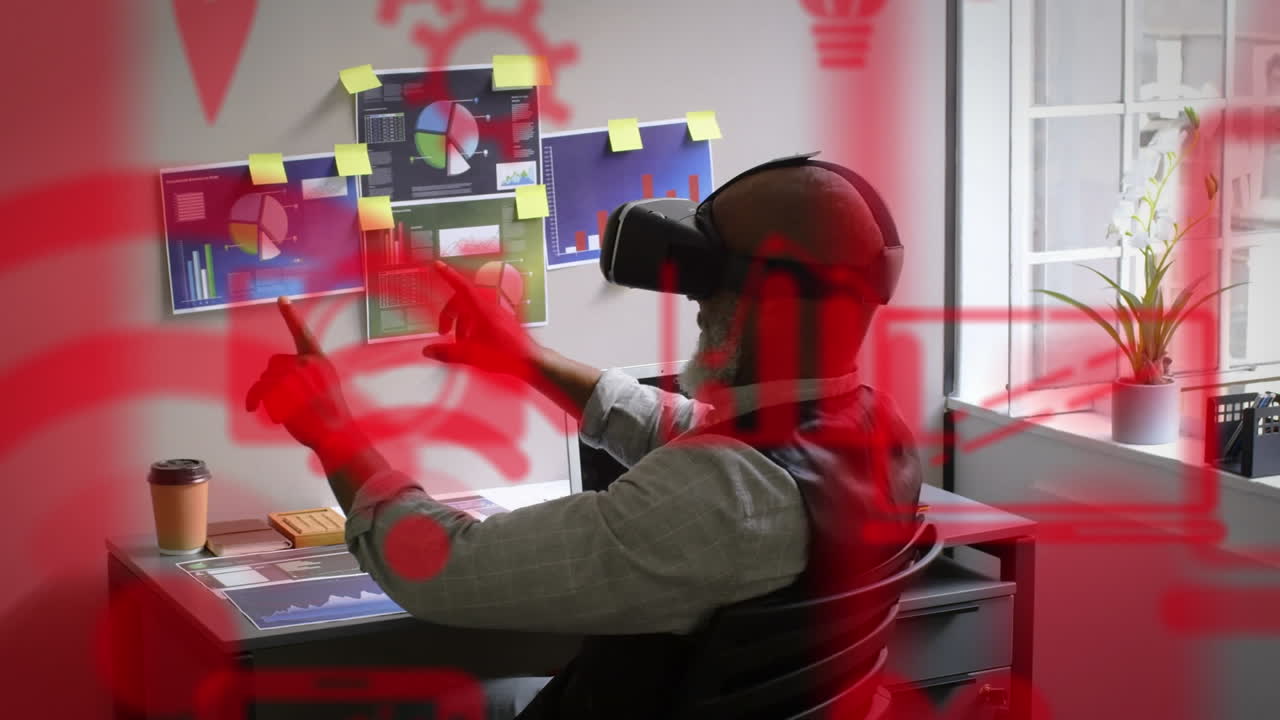 Animation of social media icons over african american man wearing vr headset