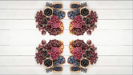 kaleidoscope pattern made from colorful fruit selection. playful flat lay health food concept.