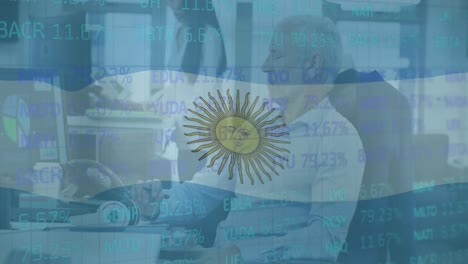 animation of flag of argentina over stock market and diverse business people in office