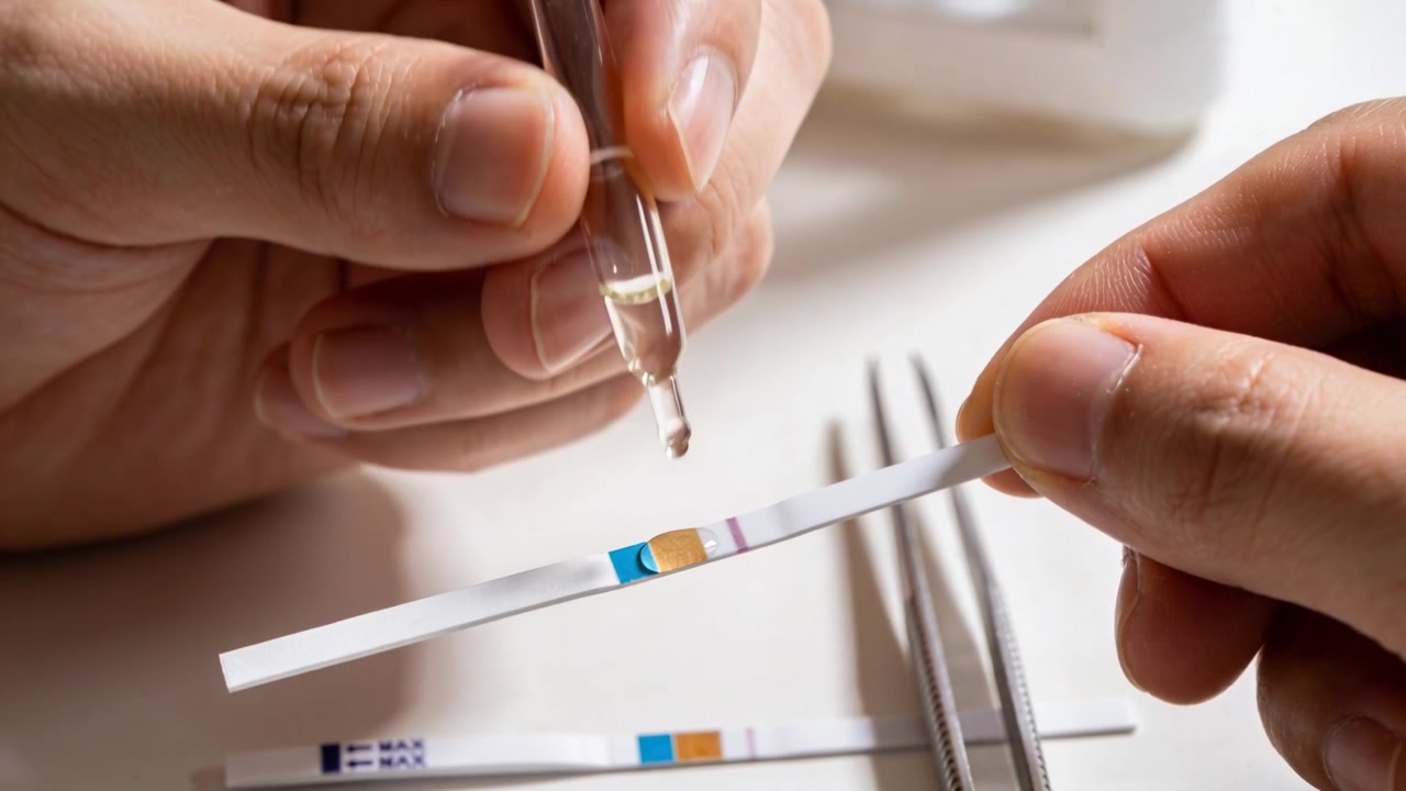 Picchiettando un contagocce, un tecnico tiene una striscia, posizionando una goccia su un tampone sul banco per il test con le pinzette.