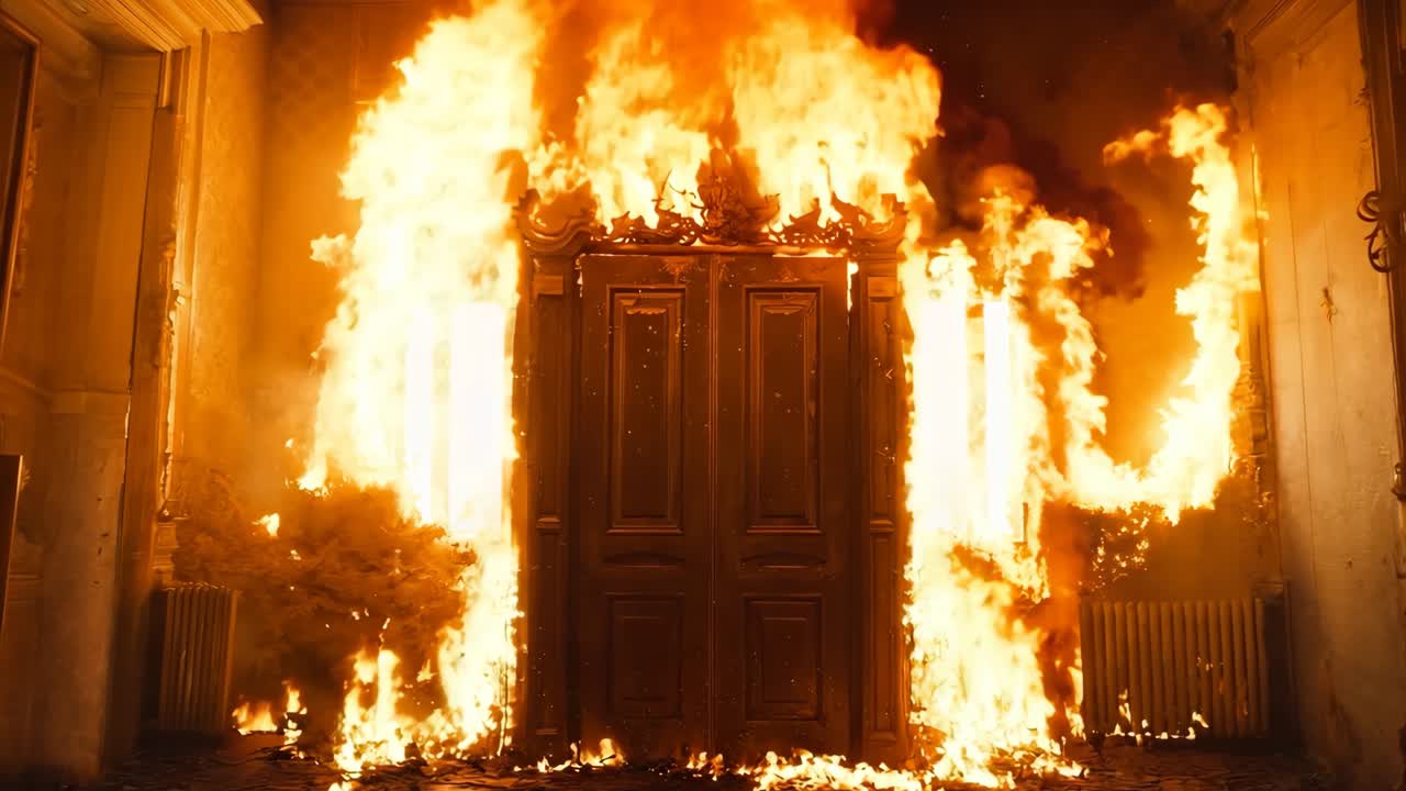 불이 어나오는 방에서 큰 열린 문