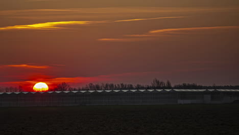 impresionante amanecer dorado detrás de invernaderos en la granja, lapso de tiempo
