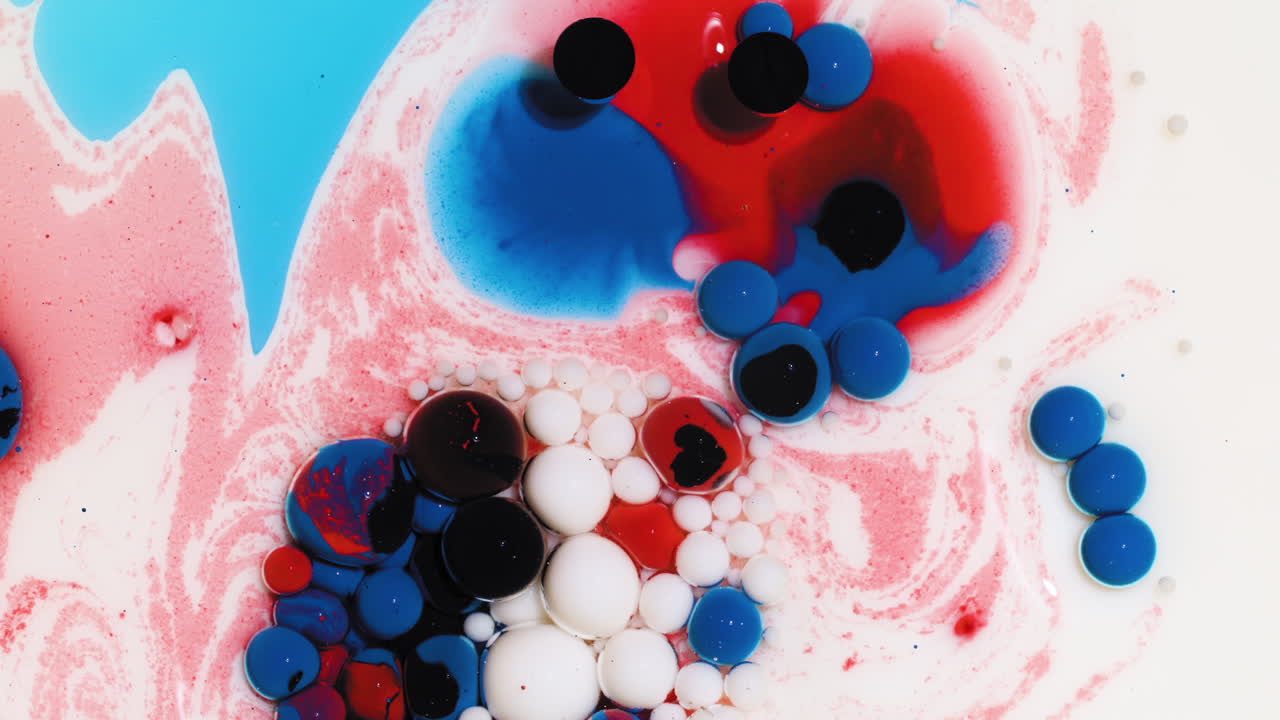 White, Blue, Red, and Black Abstract background fluid art, mixing acrylic paint and oil with swirls and bubble pops