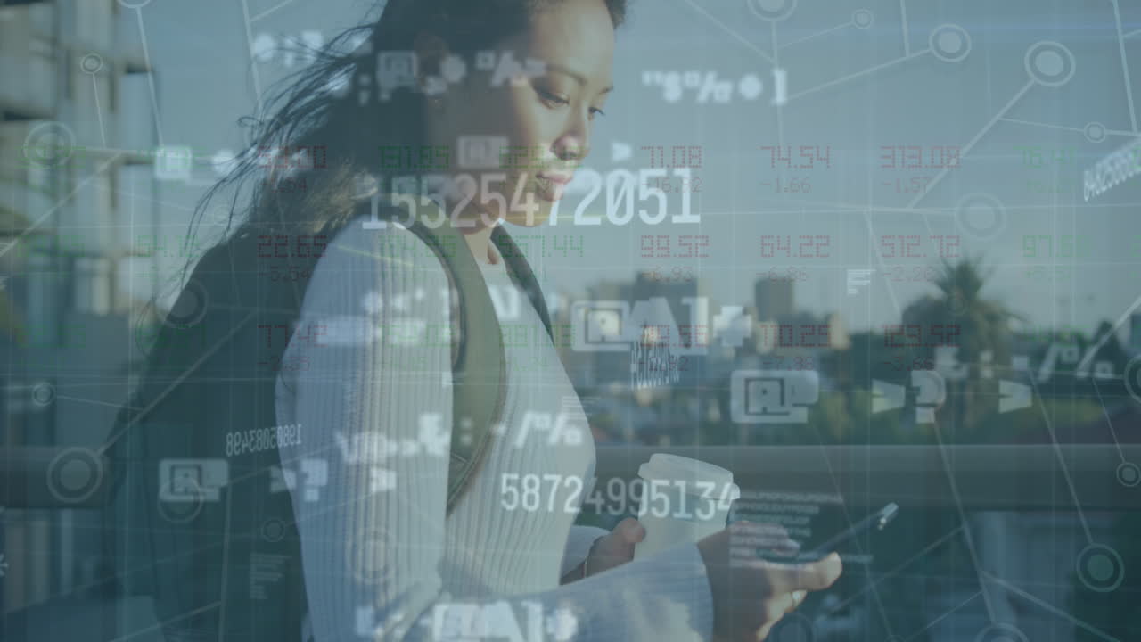 animazione dell'elaborazione dei dati finanziari su donne che utilizzano smartphone