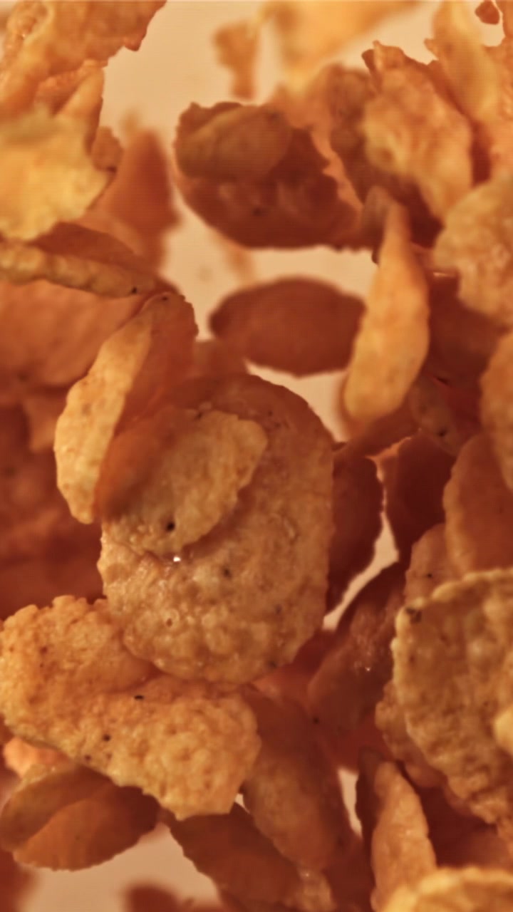 Cornflakes dorati che cadono al rallentatore