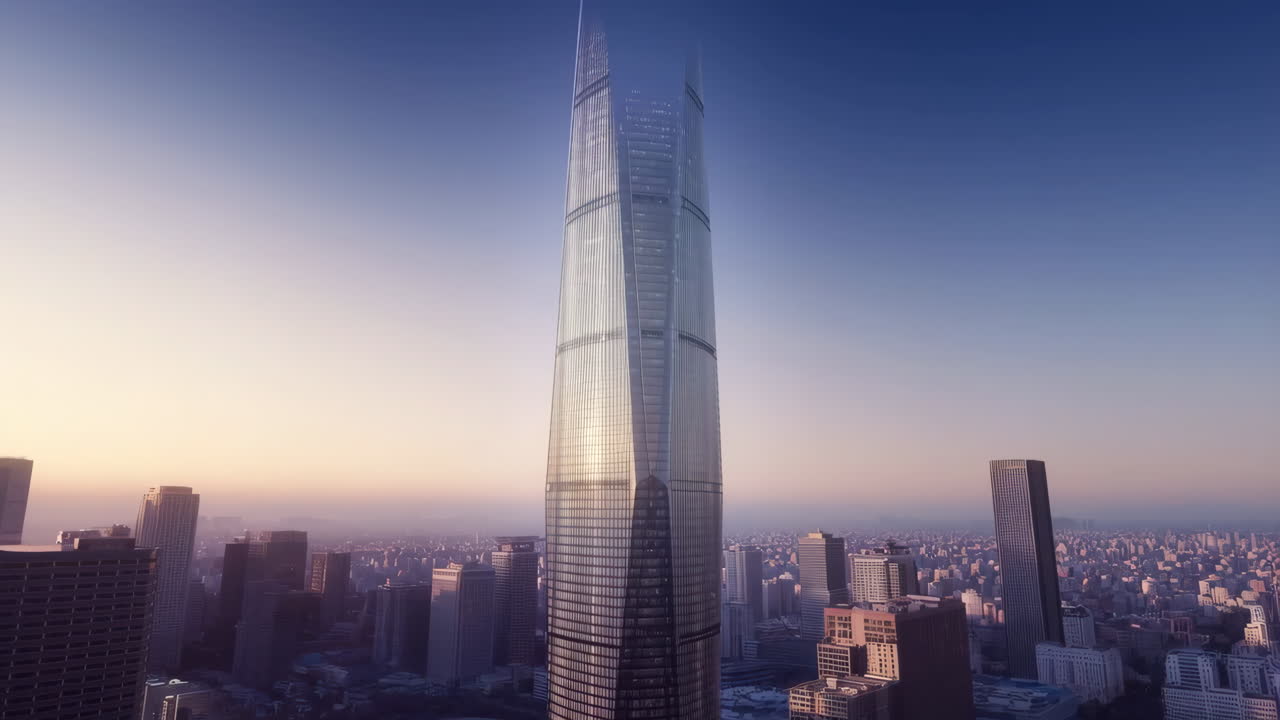 A towering modern skyscraper overlooking a vast city skyline at dawn or dusk
