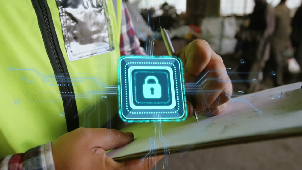 animación de la red de conexiones con candado sobre diversos trabajadores que escriben en el almacén