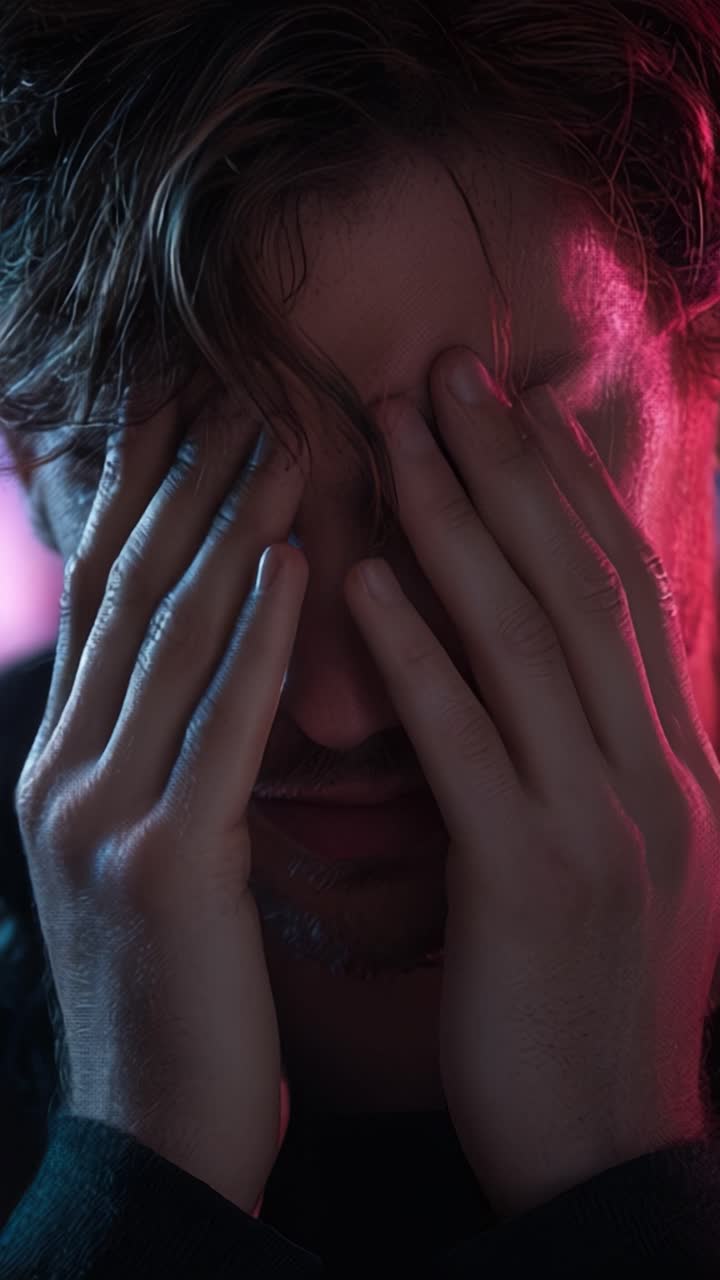 Um momento contemplativo capturado em quadros, revelando emoções profundas e introspecção enquanto o sujeito cobre o rosto com as mãos sob uma iluminação vívida.