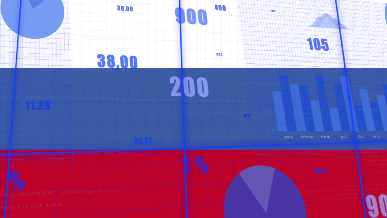 Animazione di frecce, grafici e dati finanziari su bandiera della Russia