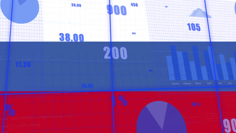 Animation-of-arrows,-graphs-and-financial-data-over-flag-of-russia