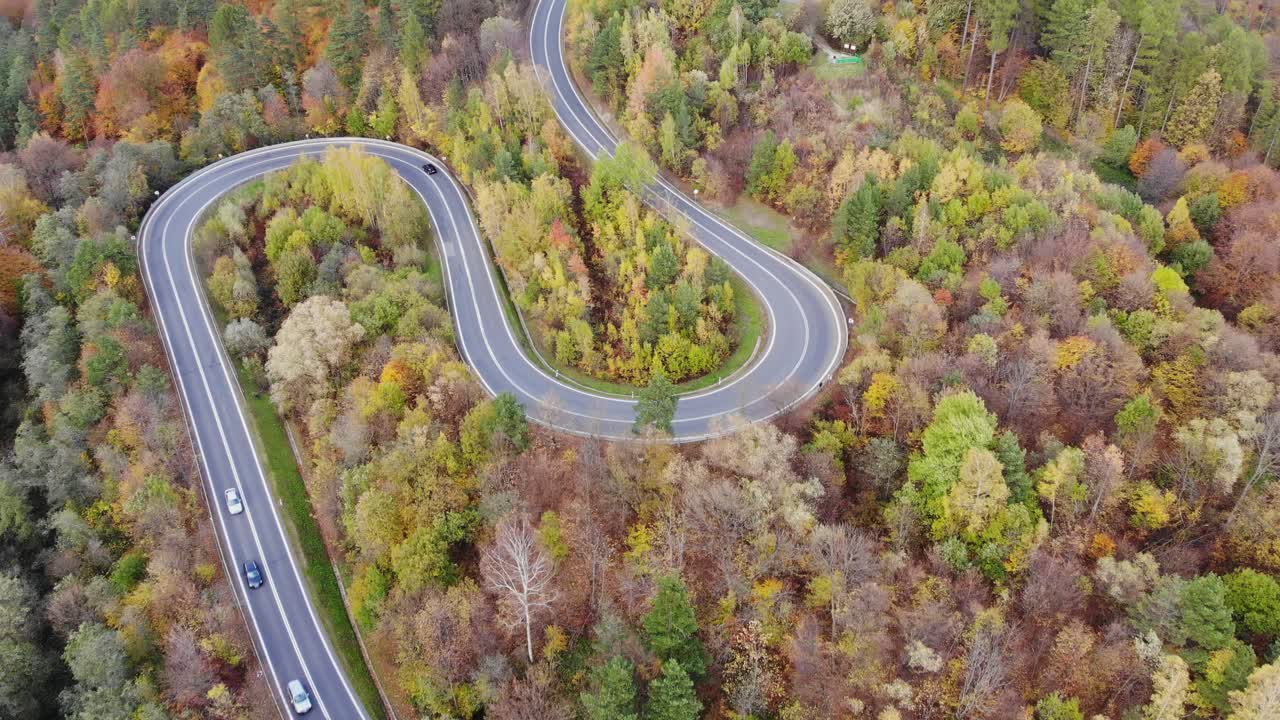 coches en carreteras rurales modernas, ruta remota en el follaje de otoño bosque panorama aéreo
