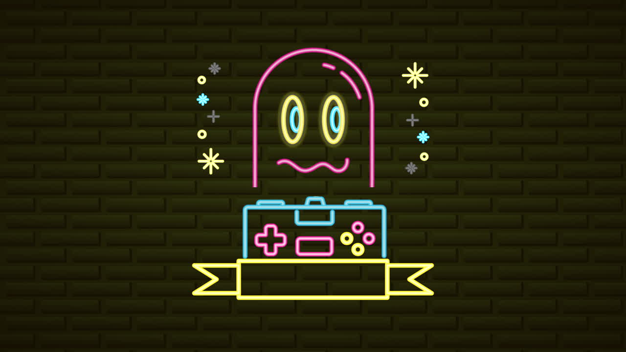 wall with neon light video game control and ghost