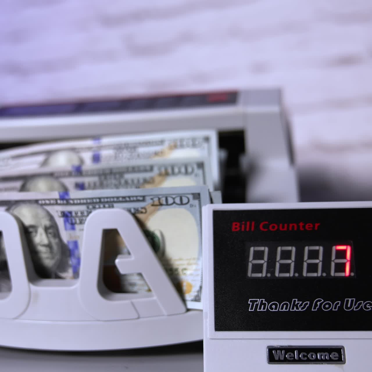 Empty banking modern counter. Special machine for counting banknotes. Money and business concept. Cropped view