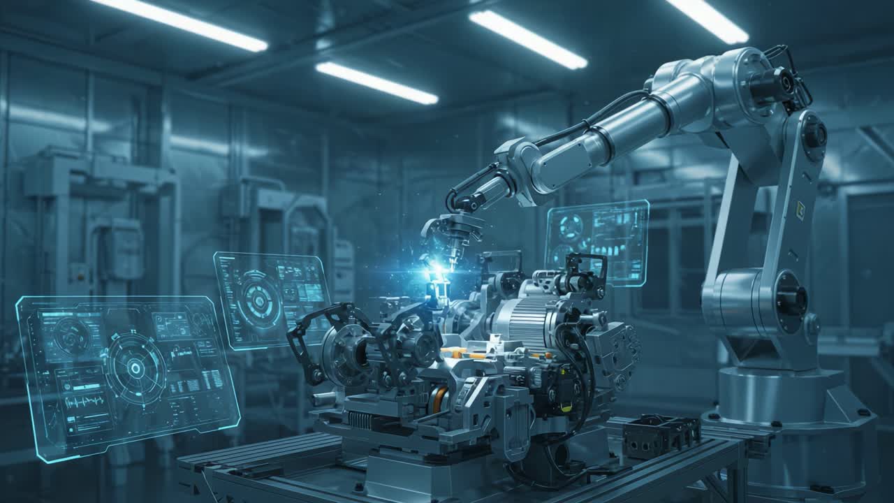 Advanced Robotic Arm Assembling and Analyzing Machinery in a High-Tech Laboratory Environment with Interactive Holographic Interfaces and Precision Mechanics