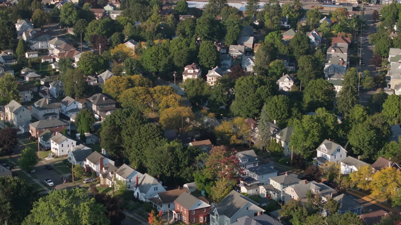 Aerial view of homes in Binghamton, New York. Shot in the west end on a summer evening.