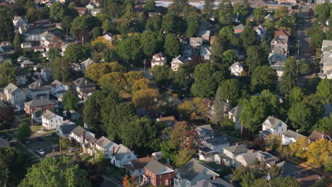 aerial view of homes in binghamton, new york. shot in the west end on a summer evening.