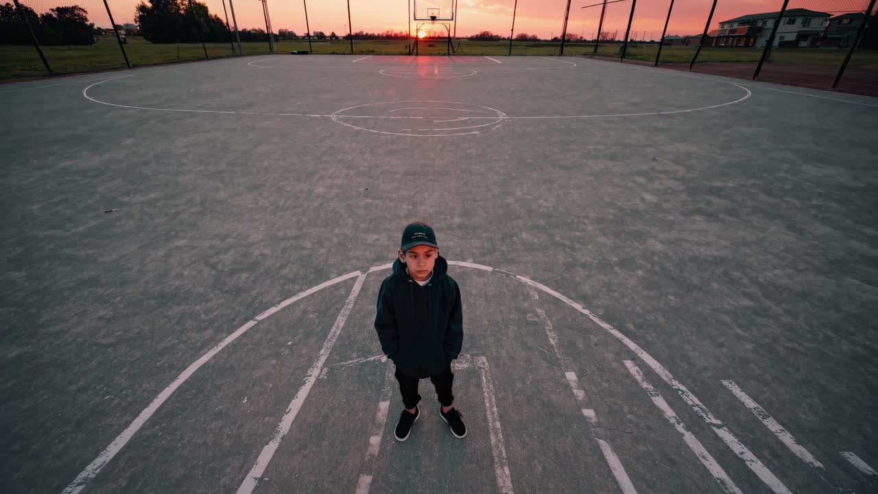 Aerial view of a person on an empty basketball court at sunset, capturing a serene and introspective