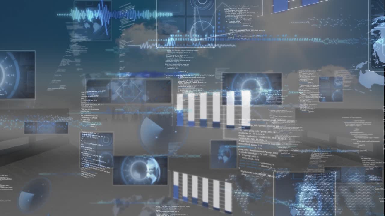 Animation of graphs, radars, globes, soundwaves over computer language against cloudy sky