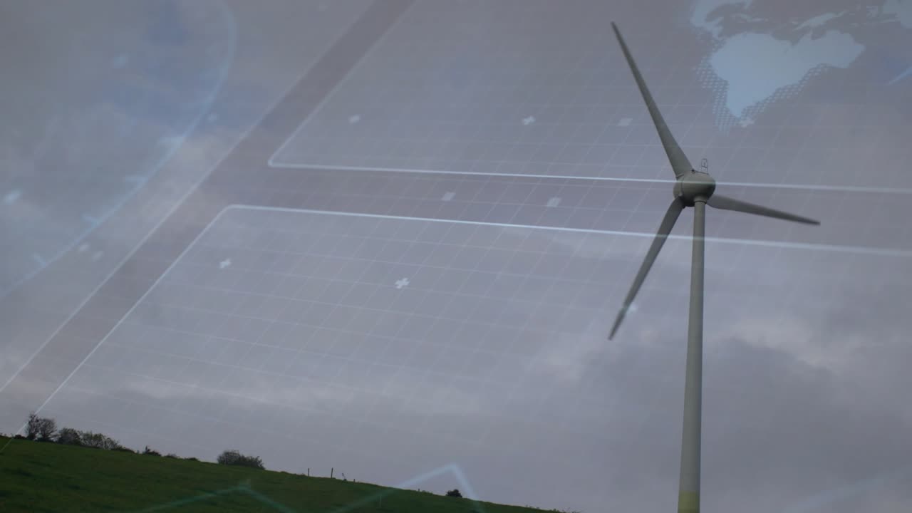 Interfaccia utente digitale che appare su una collina, avviando una turbina eolica che gira lentamente in senso orario, mostrando la produzione di energia.